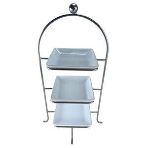 Pampered Chef Simple Additions 3-Tiered Stand #1953 & 3 White Square Plates 7.25